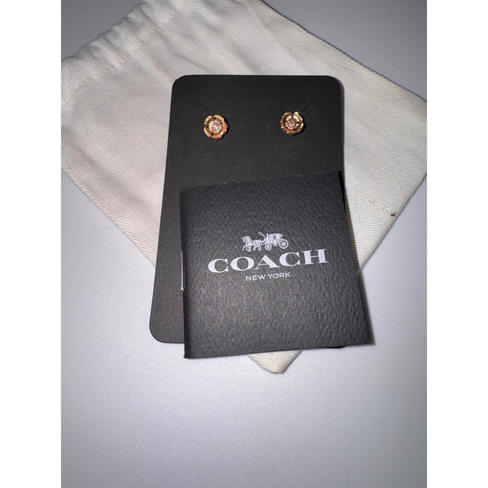 Coach Tea Rose Stud Earrings Rose Gold Tone Crystal Floral Jewelry with Pouch - Picture 5 of 5